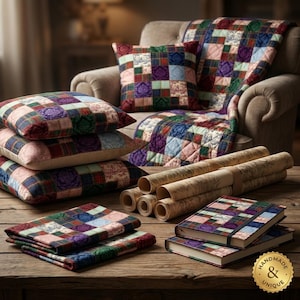 May include: A collection of patchwork items including a quilt, cushions, and a throw, in a range of colours. Rolled maps and notebooks with coordinating patchwork patterns are also visible. The items are arranged on a wooden table and a beige armchair.