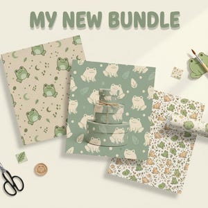 Puede incluir: Una colección de papelería y papel de regalo con temática de ranas. La imagen presenta papel estampado, cajas de regalo y un rollo de papel de envolver, todos adornados con ilustraciones de ranas en tonos verdes y beige. El texto "MY NEW BUNDLE" está en la parte superior.
