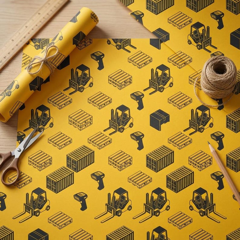 May include: Yellow wrapping paper with a repeating pattern of black forklifts, pallets, shipping containers, and barcode scanners. A roll of paper, scissors, a ruler, twine, and a pencil are also visible.