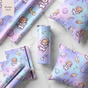 May include: A collection of space-themed items featuring a cartoon puppy astronaut. The items include a tumbler, pillows, notebooks, and wrapping paper. The design has a pastel color scheme with planets, stars, and comets.
