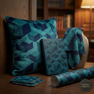Op de afbeelding: Een collectie van teal en marineblauwe woondecoratieartikelen met een geometrisch kubuspatroon. De items omvatten een kussen, een notitieboek, onderzetters, stof en een opgerolde rol papier. De items zijn geplaatst op een houten oppervlak.