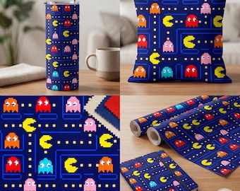 Pac-Man Chase Seamless Pattern Retro Arcade Game 8-Bit Design