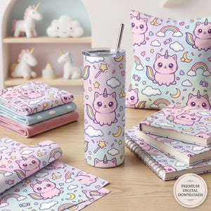 May include: A stainless steel tumbler with a pink and blue gradient background features a cute cat with a unicorn horn. The design includes rainbows, clouds, and stars. Other items include a pillow, notebooks, and fabric with the same design.