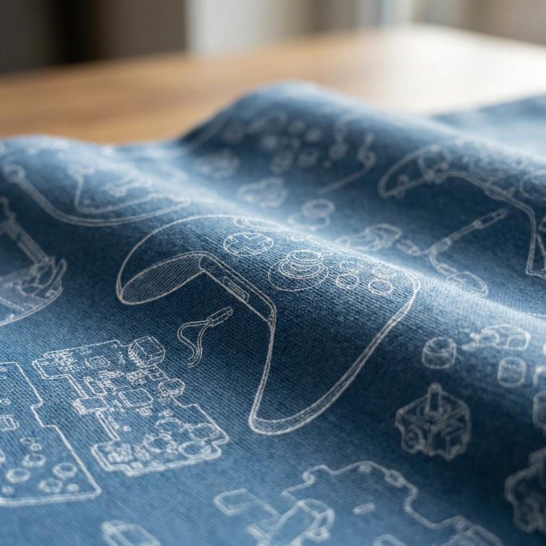 May include: Close-up of blue fabric featuring a white outline pattern of video game controllers and circuit board components. The fabric is slightly creased, with the pattern repeating across the surface. The design suggests a gaming theme.