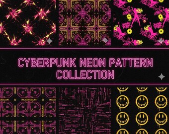 May include: A collection of six cyberpunk neon patterns in pink and yellow on a black background. The patterns include circuit board designs, abstract shapes, and smiley faces. The text "CYBERPUNK NEON PATTERN COLLECTION" is displayed in pink.