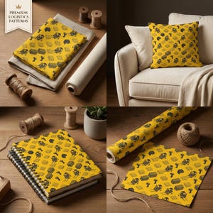 May include: A collection of logistics-themed products, including fabric, a pillow, a notebook, and wrapping paper. Each item features a repeating pattern of black and gray shipping-related icons on a yellow background. The image includes the text "PREMIUM LOGISTICS PATTERNS".