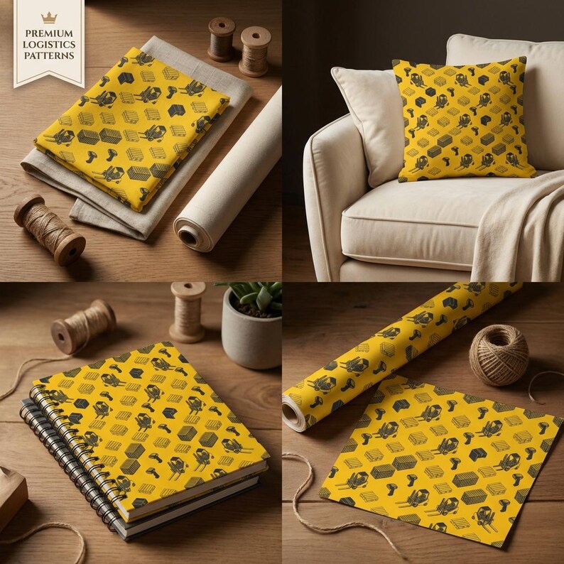 May include: A collection of logistics-themed products, including fabric, a pillow, a notebook, and wrapping paper. Each item features a repeating pattern of black and gray shipping-related icons on a yellow background. The image includes the text "PREMIUM LOGISTICS PATTERNS".
