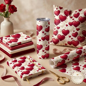 May include: An assortment of Valentine's Day themed items, including a tumbler, pillow, notebook, wrapping paper, and folded fabric. Each item features a pattern of red and white hearts. A vase of red roses and gold scissors are also present.