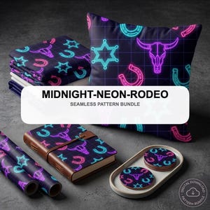 May include: A collection of items with a seamless pattern featuring neon cowboy-themed designs. The items include a pillow, fabric, a journal, coasters, and wrapping paper. The pattern includes neon horseshoes, stars, and bull skulls on a dark blue background. The text "MIDNIGHT-NEON-RODEO" is visible.