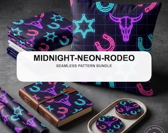 Neon Western Seamless Pattern Dark Cyberpunk Cowboy Background Digital Rodeo Fabric Print Texture