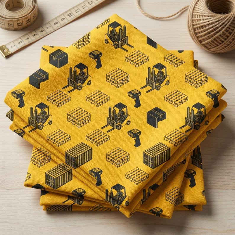 May include: A stack of yellow fabric napkins with a repeating black pattern of forklifts, pallets, shipping containers, and barcode scanners. A measuring tape and twine are in the background.