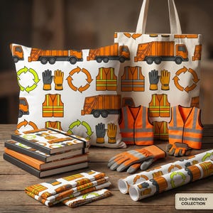 May include: A selection of eco-friendly items with a recycling theme. Includes a cushion, tote bag, notebooks, wrapping paper, and napkins, all patterned with orange lorries, safety vests, gloves, and recycling symbols.