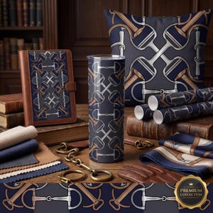 May include: A collection of equestrian-themed accessories, including a tumbler, pillow, journal, and scarf. The items feature a repeating pattern of silver and brown horse bits on a navy blue background. Other items include leather gloves and keychains.