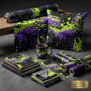 May include: A collection of home decor items with a tech-inspired pattern. Includes a pillow, fabric rolls, a mug, notebooks, and folded cloths. The design features a black background with neon green and purple circuit board elements.