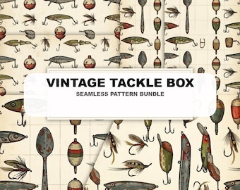 Vintage Fishing Tackle Box Seamless Pattern Retro Lure Fabric Design Rustic Outdoor Digital Paper