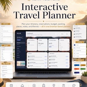 Interactive Travel Itinerary Planner App, Digital Trip Planner, Travel Budget Tracker, Packing List, Vacation Organizer, HTML Travel Planner