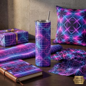 May include: A collection of items with a neon grid pattern in shades of purple, pink, and blue. The items include a tumbler with a straw, a pillow, a notebook, a gift box, and fabric. The items are arranged on a wooden surface.