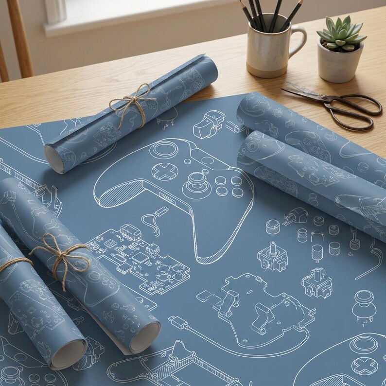 May include: Blue wrapping paper with a gaming theme, showing white line drawings of a game controller, circuit board, and other components. Several rolled-up sheets are tied with twine. A mug, scissors, and a small potted plant are also visible.