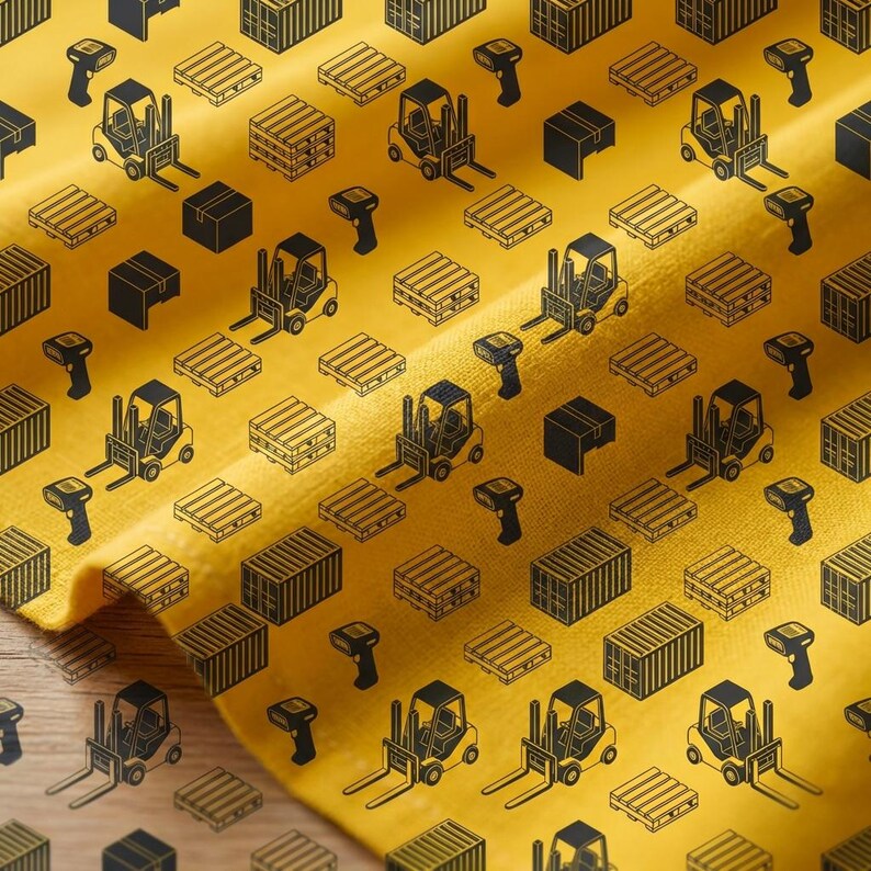 May include: Yellow fabric with a repeating pattern of black line art illustrations. The design includes forklifts, shipping containers, pallets, boxes, and barcode scanners. The fabric is folded, creating shadows and texture.