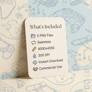 May include: A cream-coloured card with the text "What's Included" and details about the product: 5 PNG Files, Seamless, 4000x4000, 300 DPI, Instant Download, and Commercial Use. The background features a light blue pattern of disassembled game controllers.