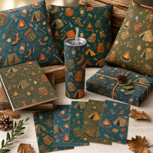 May include: A collection of camping-themed items, including throw pillows, a tumbler, a notebook, fabric swatches, and a wrapped gift. The items feature a repeating pattern of tents, campfires, backpacks, and hiking boots in shades of teal, orange, and brown.
