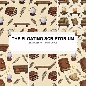 May include: A seamless pattern bundle with illustrations of books, crystal balls, feathers, and wooden shelves. The text "THE FLOATING SCRIPTORIUM SEAMLESS PATTERN BUNDLE" is displayed on a white banner.