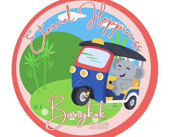2026 Eternal Happiness JW Convention Circle Sticker Label Button English Bangkok Thailand Elephant Tuktuk
