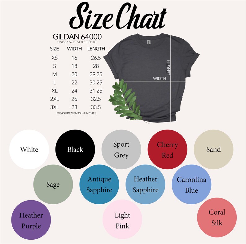 Puede incluir: Tabla de tallas para camisetas unisex Gildan 64000 softstyle. La tabla muestra las medidas de ancho y largo en pulgadas para las tallas XS a 3XL.