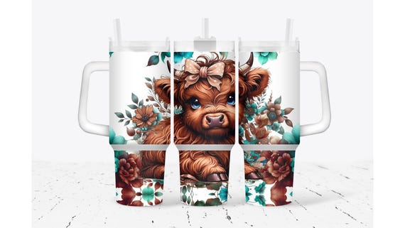 Baby Highland Cow with Bow and Flowers Tumbler