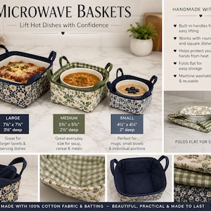 May include: Three fabric microwave baskets in large, medium, and small sizes with floral and gingham patterns. The large basket is 7.5 x 7.5 x 3.5 inches, medium is 5.75 x 5.75 x 2.5 inches, and small is 4.5 x 4.5 x 2 inches. Includes handles and folds flat.
