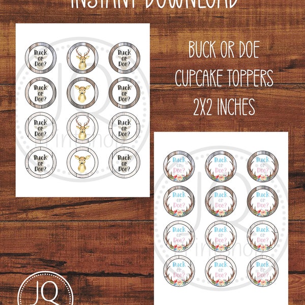 Printable Buck or Doe Cupcake Toppers, Buck or Doe Baby Shower, Gender Reveal Baby Shower Idea, Deer Theme Baby Shower, Cupcake Toppers