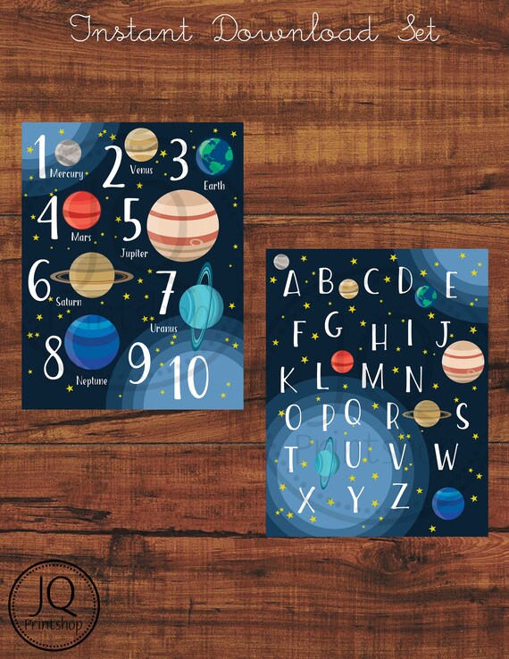 Printable Solar System Abc Art Print And Number Print Alphabet Nursery Art 123 Wall Print Solar System Theme Space Theme Art Print