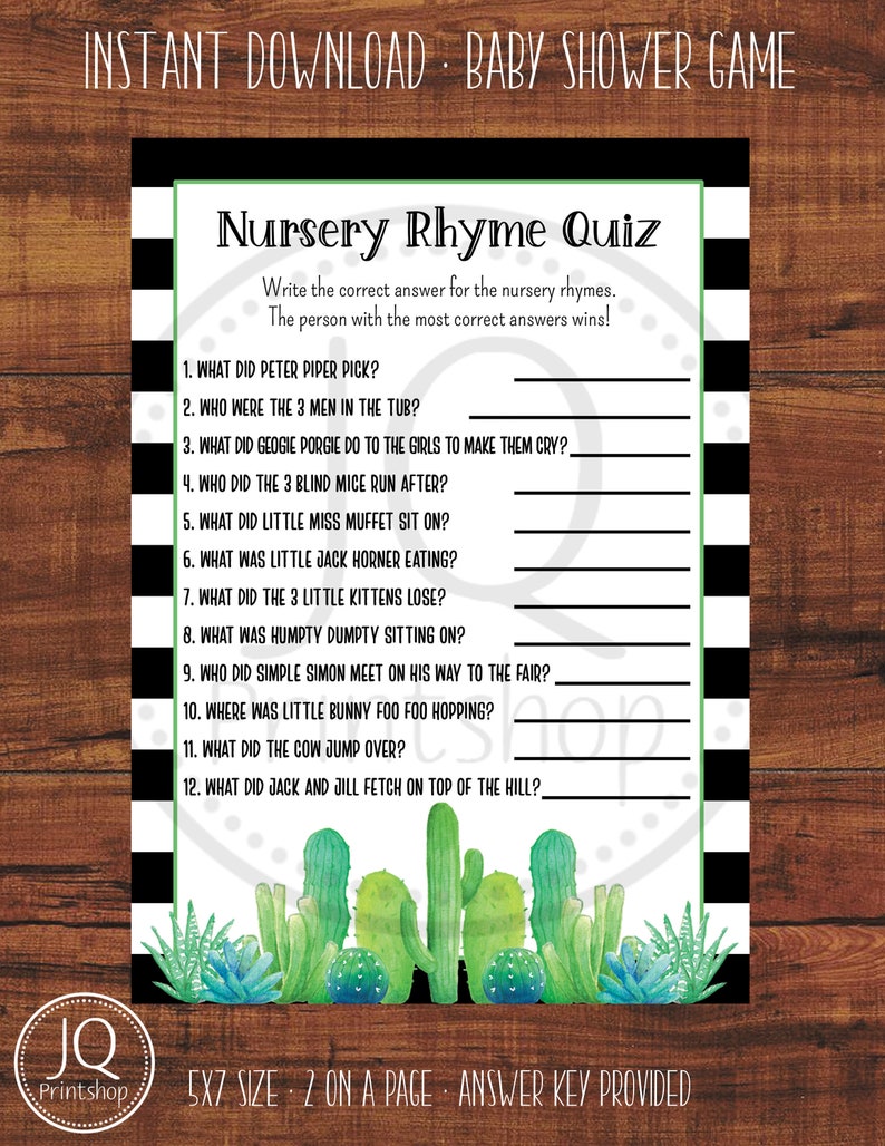 Printable Cactus Theme Baby Shower Game Nursery Rhyme Quiz Etsy