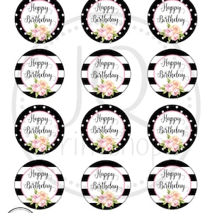 Printable Birthday Cupcake Toppers, Happy Birthday Cupcake, Black and ...