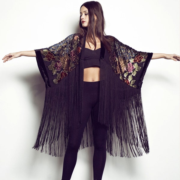 Velvet Fringe Kimono - Classic Peacock