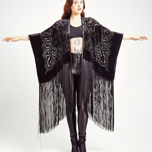 Black Velvet Fringe Kimono - Tattoo Lace