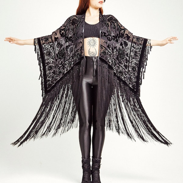 Velvet Fringe Kimono - The Midnight Lace Luxe