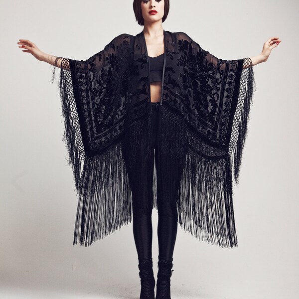 Fluweel Fringe Kimono - de zwarte roos