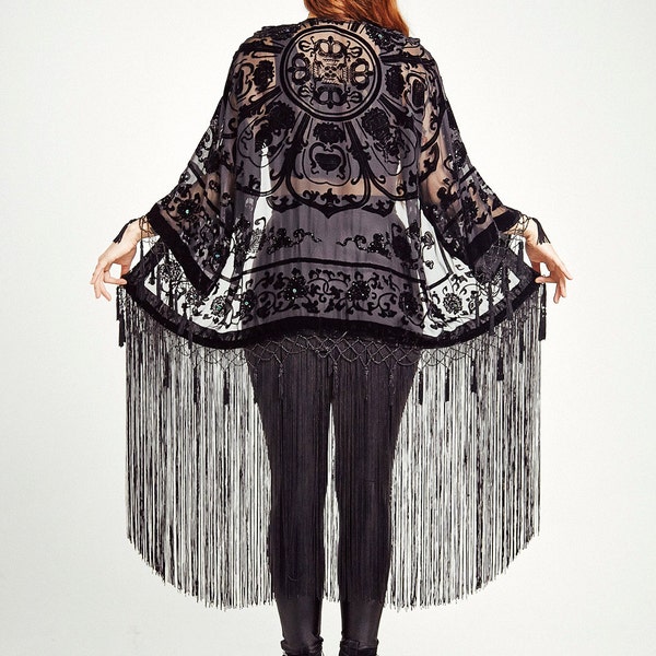 Velvet Fringe Kimono Jacket - Midnight Lace Jacket