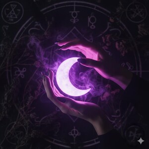Può includere: Una luna crescente luminosa è tenuta tra due mani, circondata da fumo viola. Le mani hanno unghie lunghe e scure. Lo sfondo presenta un design scuro e modellato, che evoca un tema mistico o occulto.