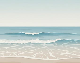 Minimalist Ocean Sounds Poster – Beach Illustration, Tranquil Coastal Art, Pastel Ocean Wall Art