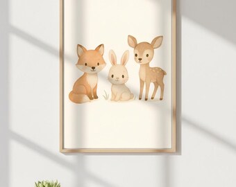 Fox, Hare, Deer Children's Room Poster – Boho Woodland Animals – Watercolor Illustration