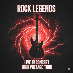 Op de afbeelding: Zwart silhouet van een elektrische gitaar tegen een rood bliksemontwerp. De woorden "ROCK LEGENDS" staan bovenaan, met "LIVE IN CONCERT HIGH VOLTAGE TOUR" onderaan, allemaal in witte tekst op een donkere achtergrond.