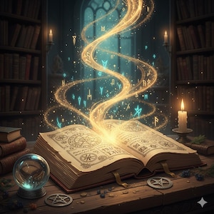 May include: An open, aged book with glowing pages, emitting golden light and mystical symbols. A crystal ball and a pentagram are on the wooden table. Candles and bookshelves create a magical, fantasy theme.
