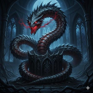 Könnte beinhalten: Digitale Illustration eines Drachen mit dunklem, geschupptem Körper und roten Akzenten. Der Drache windet sich um eine Steinstruktur in einem Raum im gotischen Stil, mit einem Vollmond im Hintergrund. Die Augen und der Atem des Drachen leuchten rot.