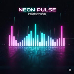 May include: Digital graphic with the text "NEON PULSE" in pink and white. Below, the text "MODERN SOUND WAVES ELECTRO-BEAT VISUALS" is displayed. The image features a series of vertical bars in shades of pink and blue, resembling sound waves.
