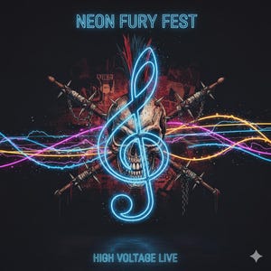 Op de afbeelding: Digitale illustratie met een schedel en een neonblauwe G-sleutel. De tekst luidt "NEON FURY FEST" en "HIGH VOLTAGE LIVE" in neonblauw. De achtergrond is donker met kleurrijke elektrische lijnen.