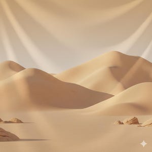 Könnte beinhalten: Eine ruhige Wüstenlandschaft mit sanften Sanddünen in Beige- und Brauntönen. Die Szene wird von sanftem Licht durchflutet, was ein Gefühl von Ruhe und Gelassenheit erzeugt. Kleine Felsformationen sind im Vordergrund verstreut.