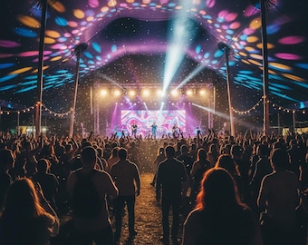 Noche de festival psicodélico – Póster de público en concierto en vivo | Arte de luces de escenario coloridas | Impresión para pared de festival de música | Descarga digital