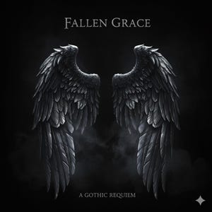Könnte beinhalten: Digitale Illustration mit zwei großen, dunklen Engelsflügeln vor schwarzem Hintergrund. Der Text "FALLEN GRACE" steht oben, "A GOTHIC REQUIEM" unten. Die Flügel sind detailliert mit einzelnen Federn dargestellt.